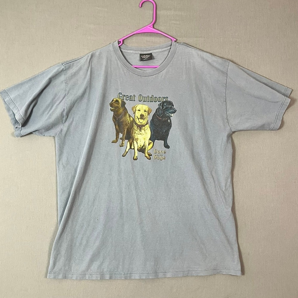 Vintage Woolrich T-Shirt XL Cotton Great Outdoors Dogs Blue Gray Made in USA